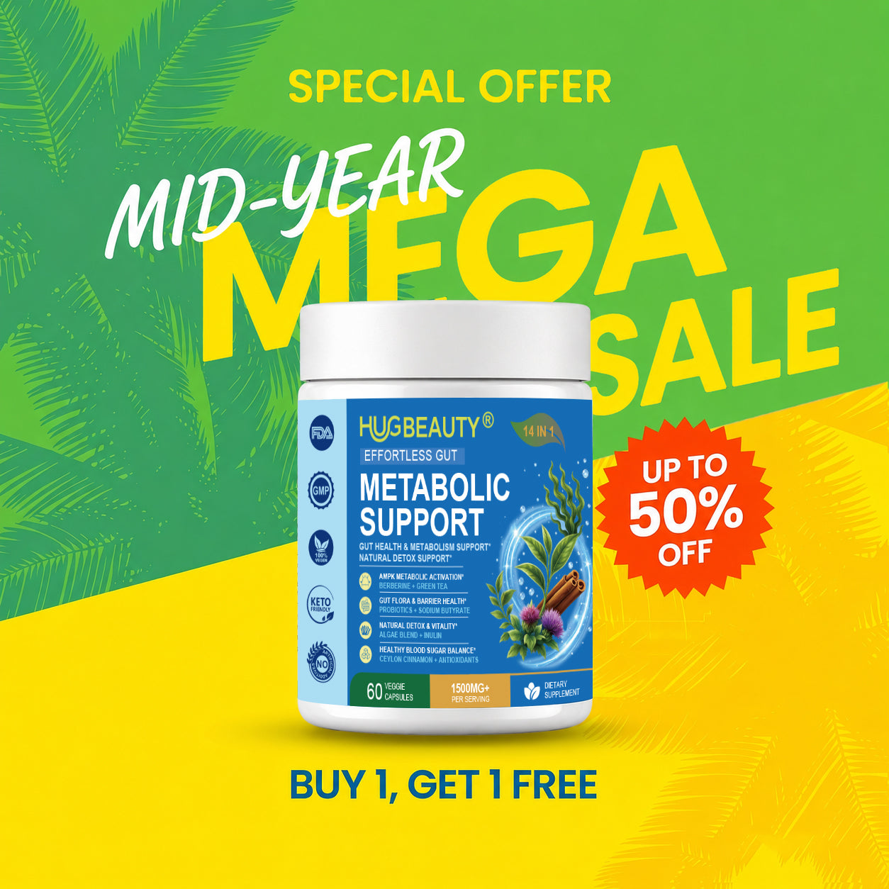 HUGBEAUTY® Botanical Metabolic Booster Effortless Lean | Melts Stubborn Fat · Prevents Lipid Accumulation · Optimizes Skinny Microbiome · Lowers Cortisol · Balances Hormones · Deepens Sleep Recovery🔥