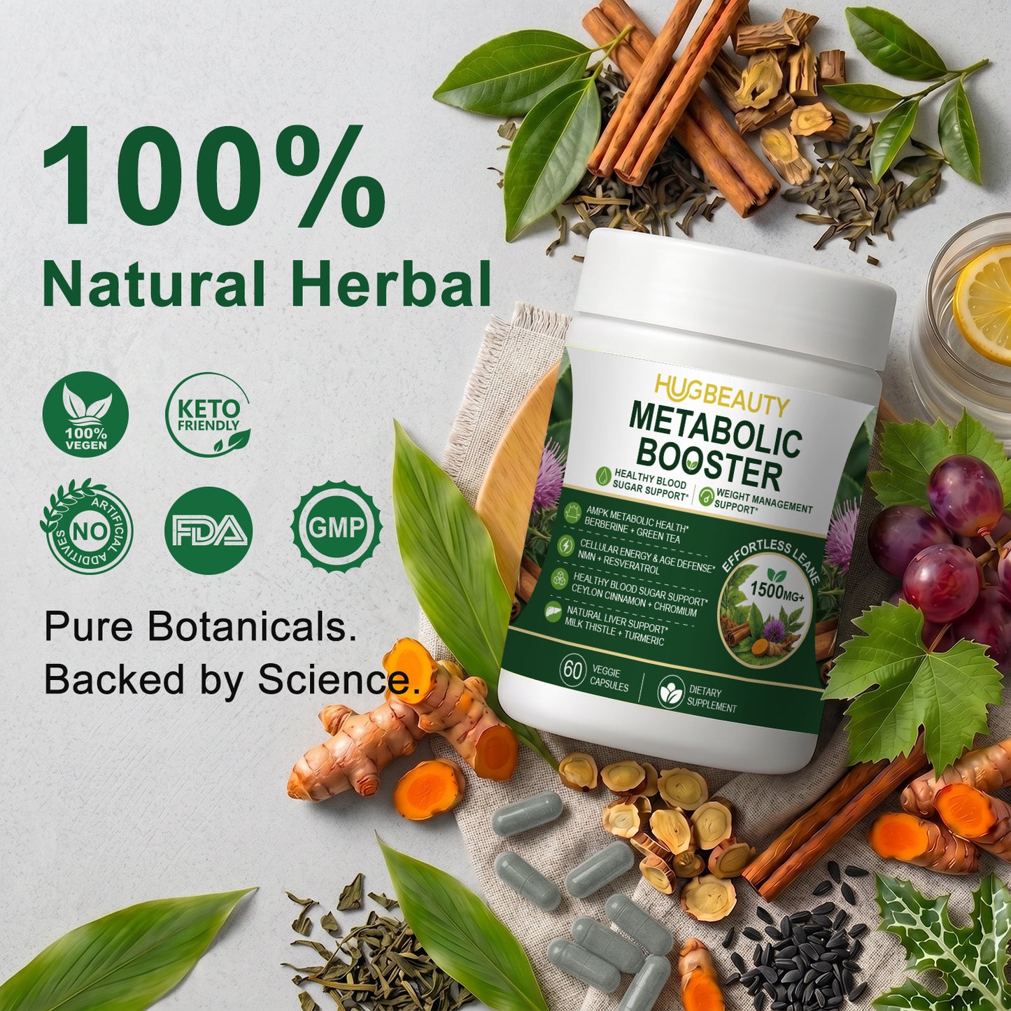 HUGBEAUTY® Effortless Lean Botanical Metabolic Booster Melts Stubborn Fat · Prevents Lipid Accumulation · Optimizes Skinny Microbiome · Lowers Cortisol · Balances Hormones · Deepens Sleep Recovery