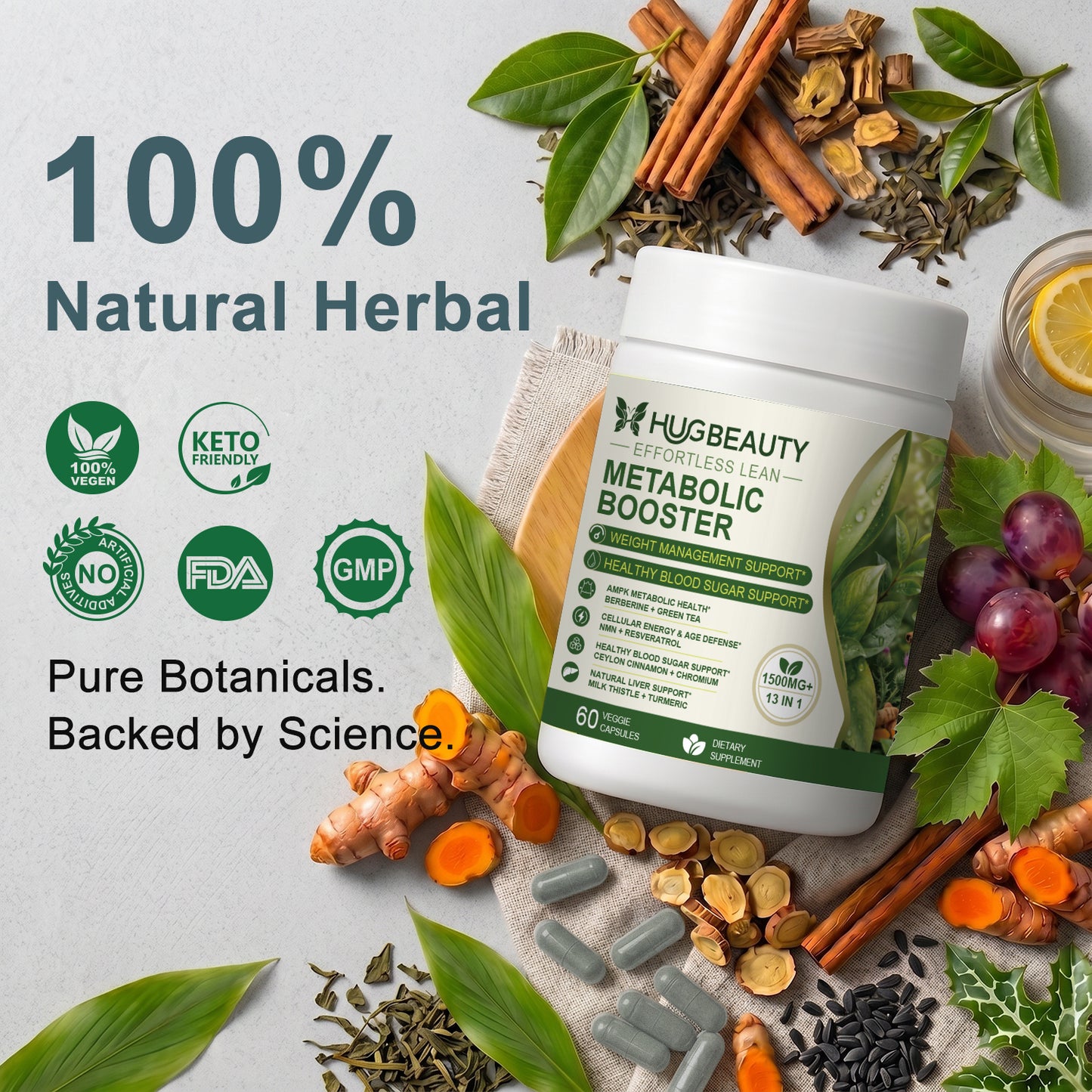 HUGBEAUTY® Botanical Metabolic Booster【Effortless Lean】Melts Stubborn Fat · Prevents Lipid Accumulation · Optimizes Skinny Microbiome · Lowers Cortisol · Balances Hormones · Deepens Sleep Recovery