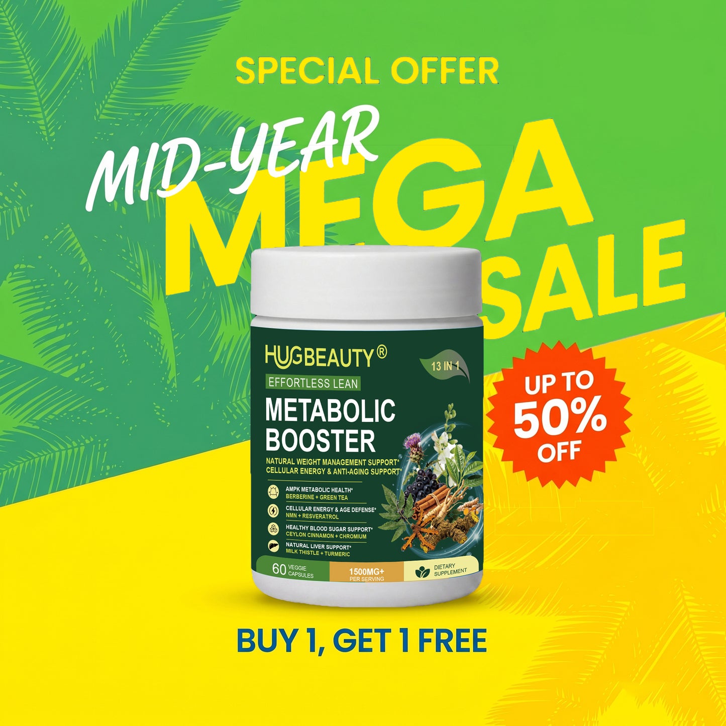 HUGBEAUTY® Botanical Metabolic Booster Effortless Lean | Melts Stubborn Fat · Prevents Lipid Accumulation · Optimizes Skinny Microbiome · Lowers Cortisol · Balances Hormones · Deepens Sleep Recovery🔥🔥