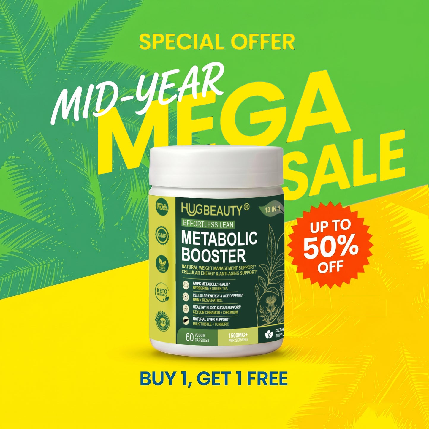 HUGBEAUTY® Botanical Metabolic Booster Effortless Lean | Melts Stubborn Fat · Prevents Lipid Accumulation · Optimizes Skinny Microbiome · Lowers Cortisol · Balances Hormones · Deepens Sleep Recovery