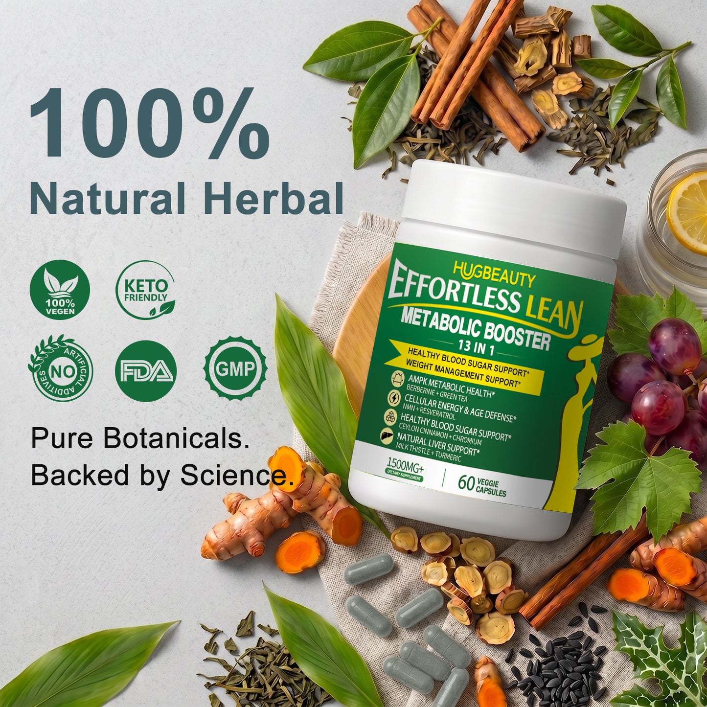 HUGBEAUTY® Botanical Metabolic Booster [Effortless Lean] Melts Stubborn Fat · Prevents Lipid Accumulation · Optimizes Skinny Microbiome · Lowers Cortisol · Balances Hormones · Deepens Sleep Recovery