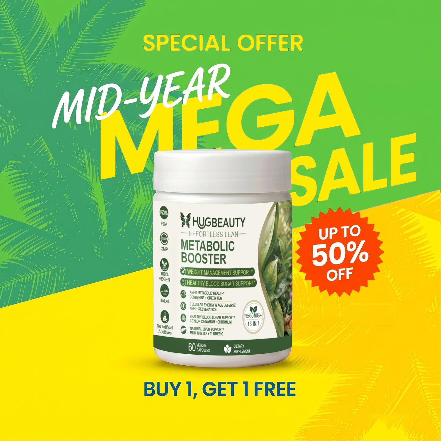 HUGBEAUTY® Botanical Metabolic Booster【Effortless Lean】Melts Stubborn Fat · Prevents Lipid Accumulation · Optimizes Skinny Microbiome · Lowers Cortisol · Balances Hormones · Deepens Sleep Recovery
