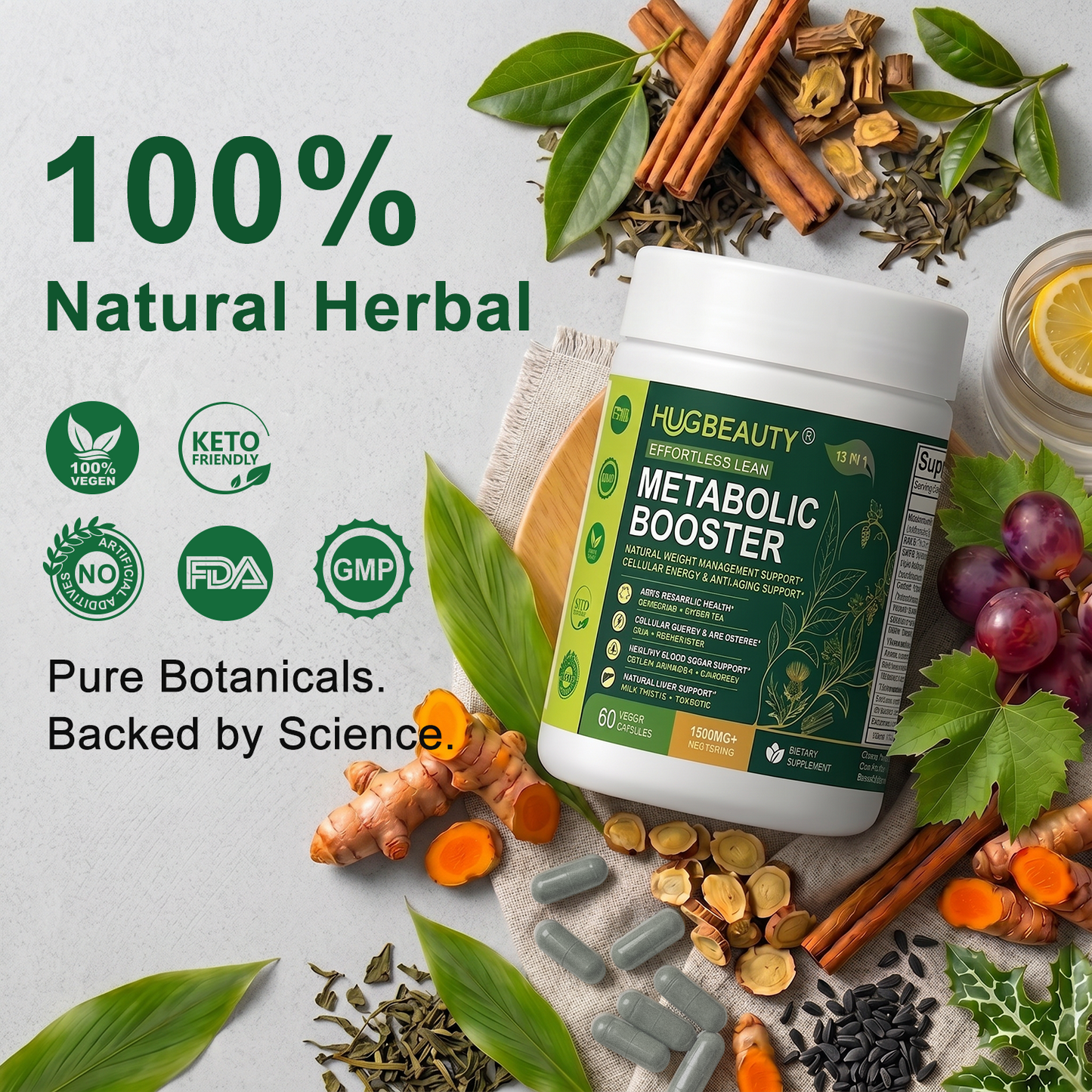 HUGBEAUTY® Botanical Metabolic Booster Effortless Lean | Melts Stubborn Fat · Prevents Lipid Accumulation · Optimizes Skinny Microbiome · Lowers Cortisol · Balances Hormones · Deepens Sleep Recovery