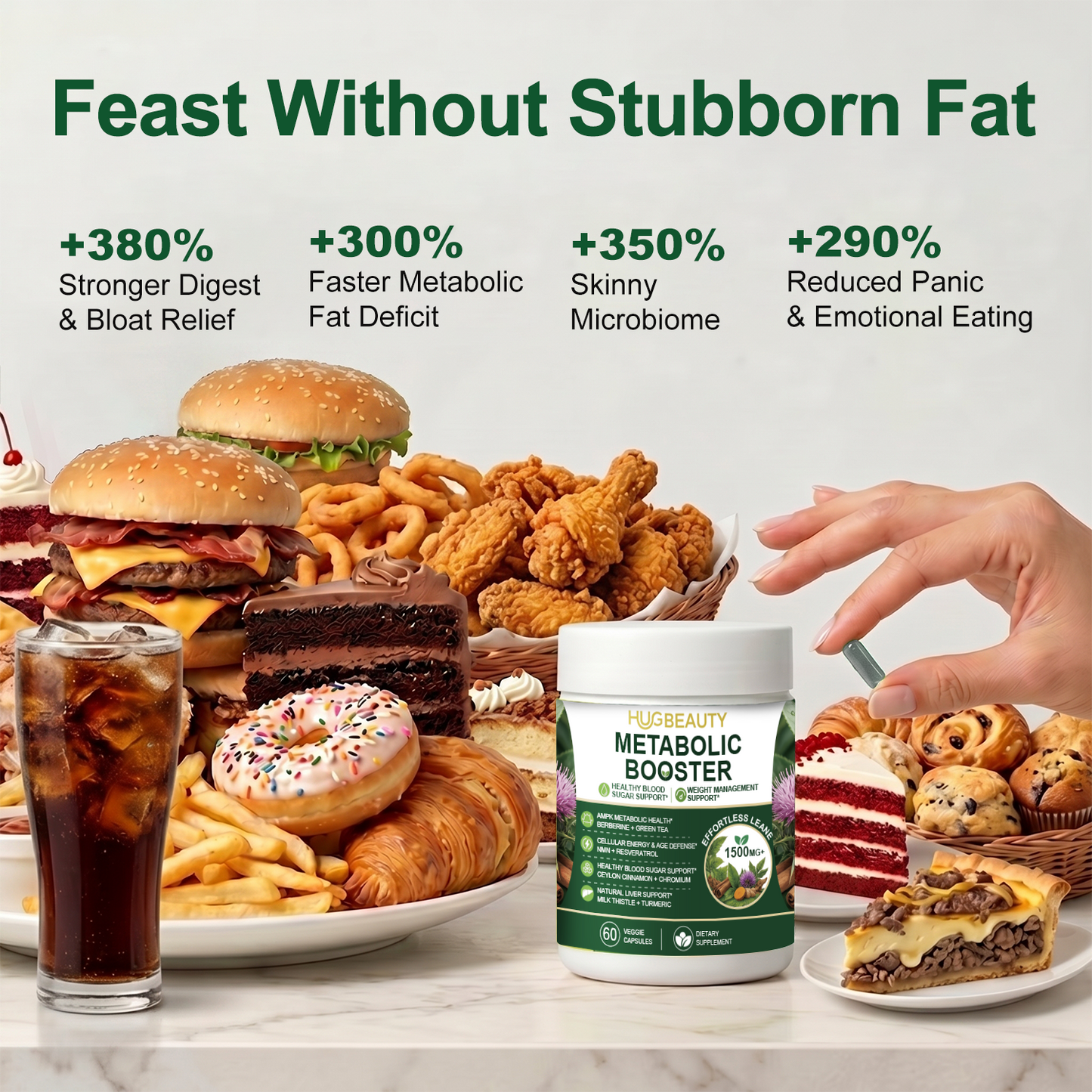 HUGBEAUTY® Effortless Lean Botanical Metabolic Booster Melts Stubborn Fat · Prevents Lipid Accumulation · Optimizes Skinny Microbiome · Lowers Cortisol · Balances Hormones · Deepens Sleep Recovery