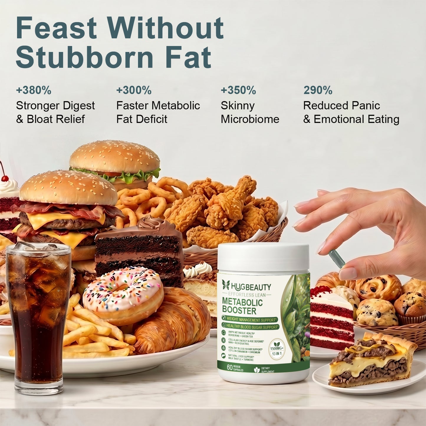 HUGBEAUTY® Botanical Metabolic Booster【Effortless Lean】Melts Stubborn Fat · Prevents Lipid Accumulation · Optimizes Skinny Microbiome · Lowers Cortisol · Balances Hormones · Deepens Sleep Recovery