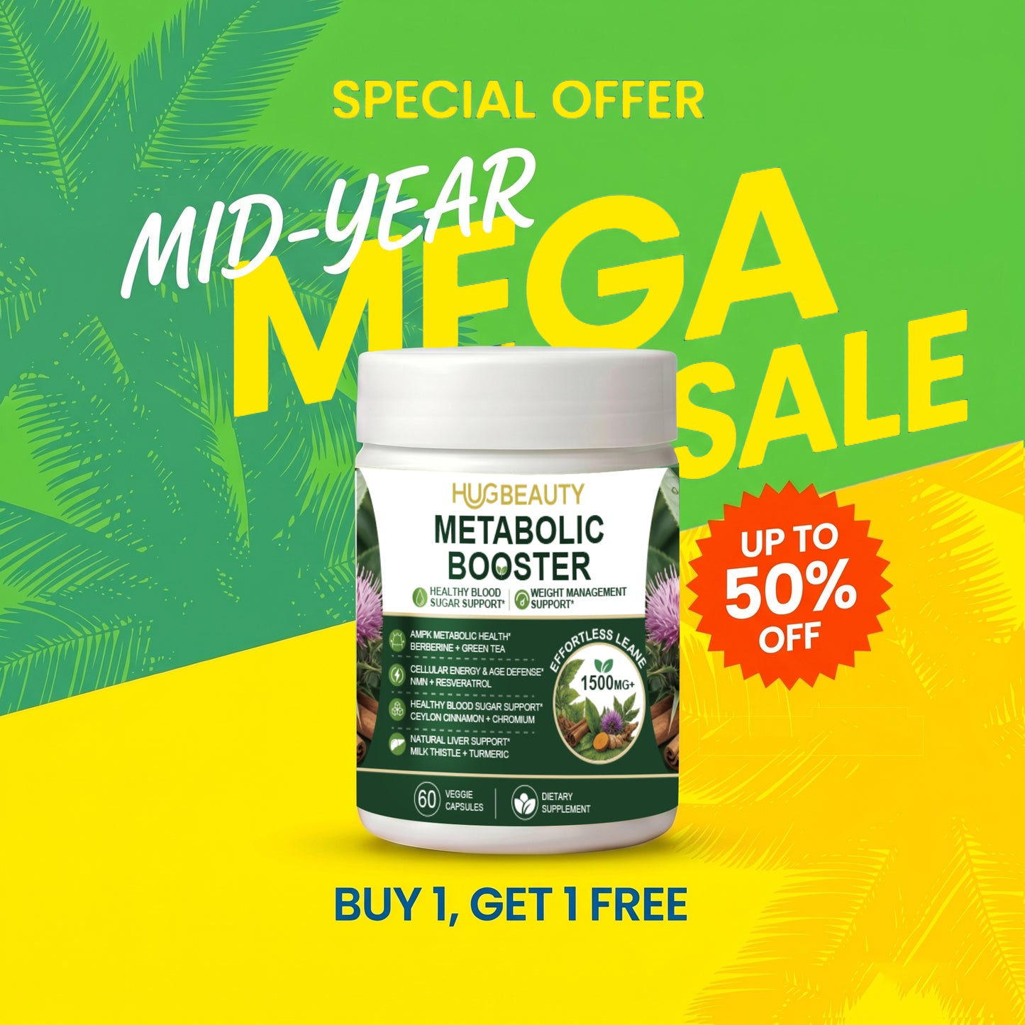 HUGBEAUTY® Effortless Lean Botanical Metabolic Booster Melts Stubborn Fat · Prevents Lipid Accumulation · Optimizes Skinny Microbiome · Lowers Cortisol · Balances Hormones · Deepens Sleep Recovery