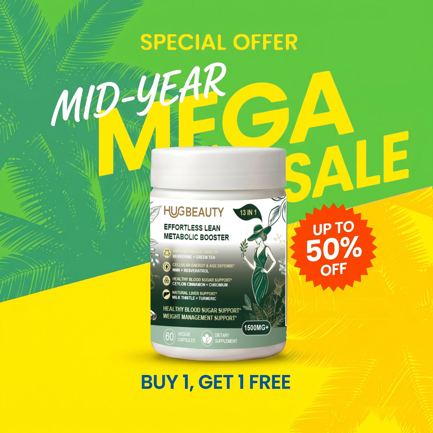 HUGBEAUTY® [Effortless Lean] Botanical Metabolic Booster | Melts Stubborn Fat · Prevents Lipid Accumulation · Optimizes Skinny Microbiome · Lowers Cortisol · Balances Hormones · Deepens Sleep Recovery