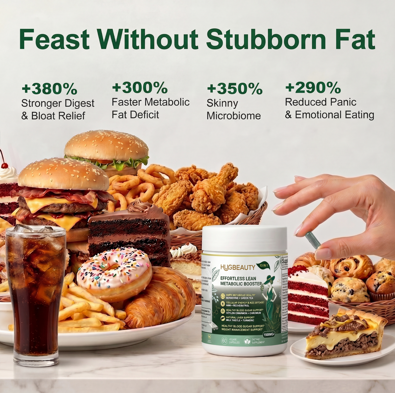 HUGBEAUTY® [Effortless Lean] Botanical Metabolic Booster | Melts Stubborn Fat · Prevents Lipid Accumulation · Optimizes Skinny Microbiome · Lowers Cortisol · Balances Hormones · Deepens Sleep Recovery