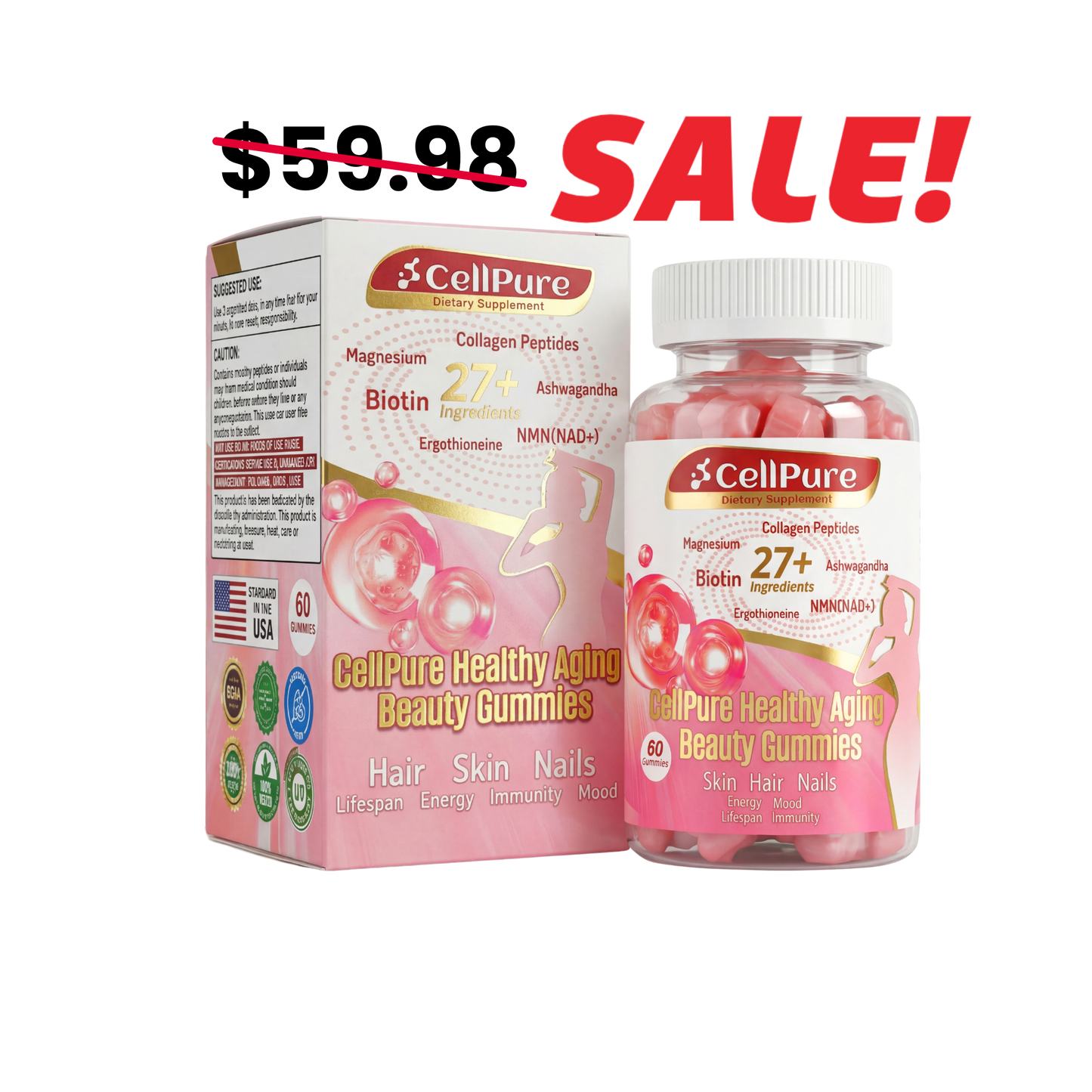 CellPure® NMN Boitin Collagen Peptide Beauty Gummies for Women | Cellular Energy & Anti-Aging Support