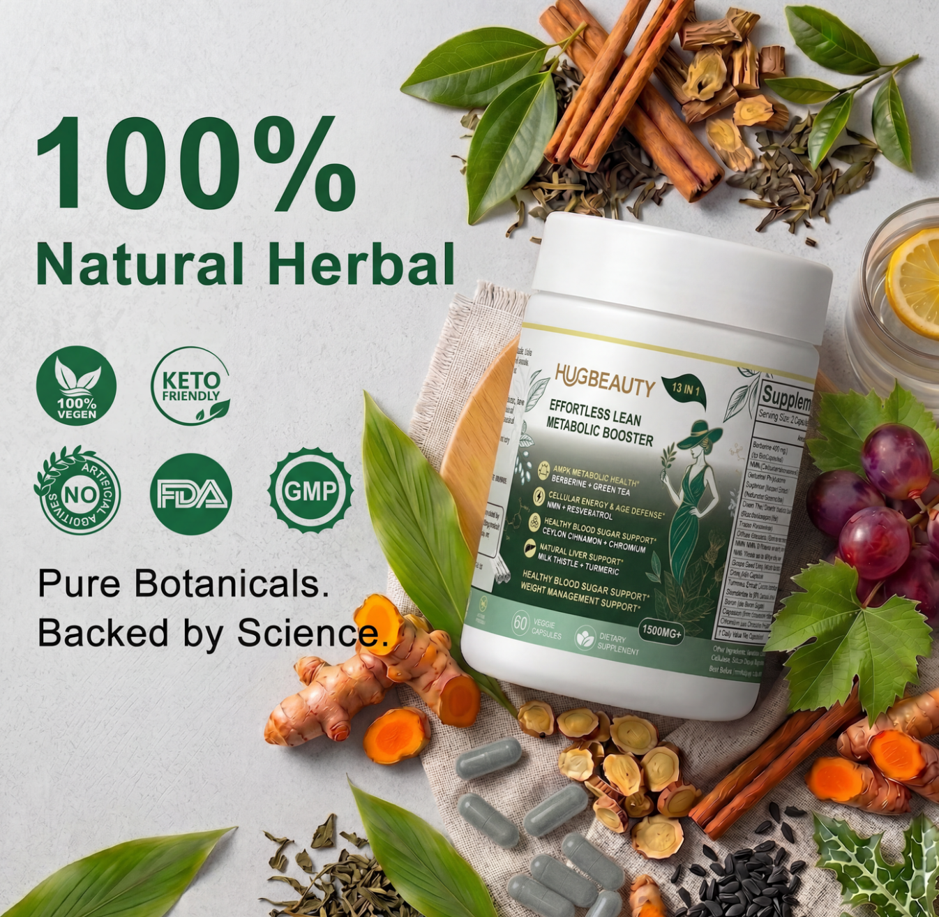 HUGBEAUTY® [Effortless Lean] Botanical Metabolic Booster | Melts Stubborn Fat · Prevents Lipid Accumulation · Optimizes Skinny Microbiome · Lowers Cortisol · Balances Hormones · Deepens Sleep Recovery