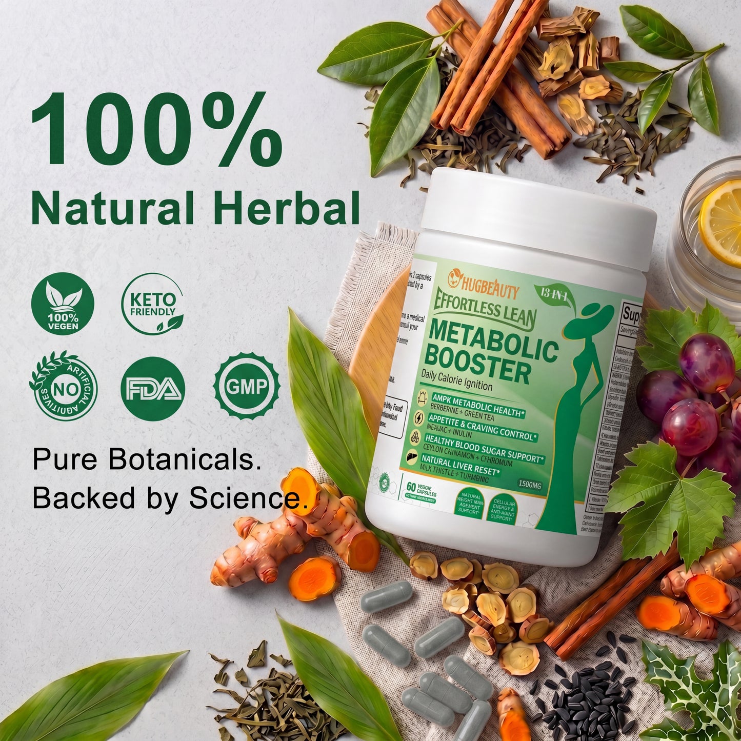 HUGBEAUTY® [Effortless Lean] Botanical Metabolic Booster Melts Stubborn Fat · Prevents Lipid Accumulation · Optimizes Skinny Microbiome · Lowers Cortisol · Balances Hormones · Deepens Sleep Recovery